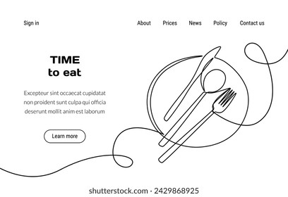 Kitchen tools. Culinary landing page. Dinner eating. Plate with cutlery. Website design template. Food cooking. Lunch table serving. Fork and knife. Doodle continuous line drawing. Vector background