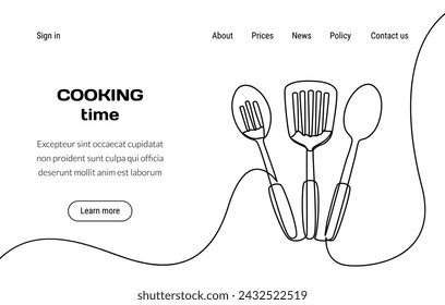 Kitchen tools. Culinary landing page. Cooking time. Household kitchenware. Website design template. Food preparing spoons and ladle. Domestic cookery. Doodle continuous line drawing. Vector background