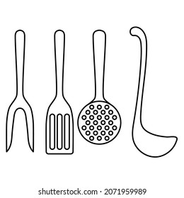 Kitchen tools cutlery set of fork, spatula, skimmer and soup ladle outline simple minimalistic flat design vector illustration isolated on white background