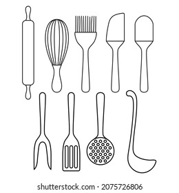 Kitchen tools cutlery set of roller pin, whisk, silicon spatulas and brush, fork, skimmer and soup ladle outline simple minimalistic flat design vector illustration isolated on white background