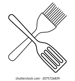Kitchen tools cutlery set of silicon brush and teflon spatula outline simple minimalistic flat design vector illustration isolated on white background