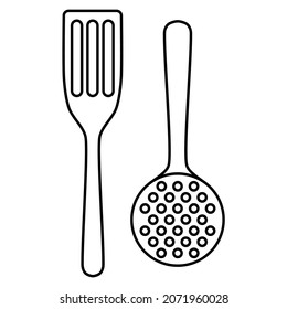 Kitchen tools cutlery set of spatula and skimmer outline simple minimalistic flat design vector illustration isolated on white background