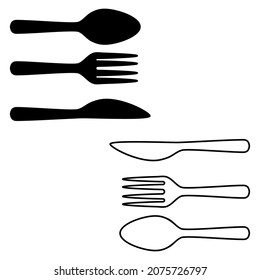 Besteck mit Küchenwerkzeugen, bestehend aus Löffel-, Gabel- und Messerlinie und Negativlinie, einfache minimalistische flache Design-Vektorgrafik einzeln auf weißem Hintergrund