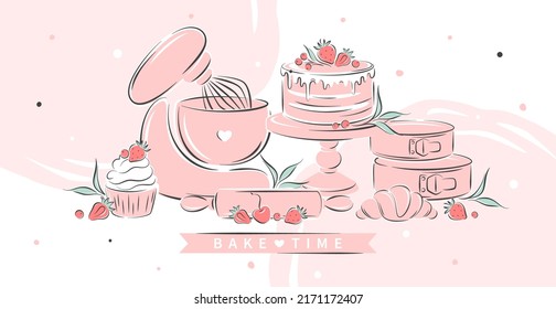 Kitchen tools, different desserts, pastry dishes, ingredients for baking items. Bake to time. Cutlery, mixer, cake, croissant and berry. Vector illustration