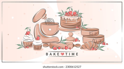 Küchenutensilien, verschiedene Desserts, Gebäck, Zutaten für Backwaren. Zurück zur Zeit. Cutlery, Mixer, Kuchen, Croissant und Beeren. Vektorgrafik