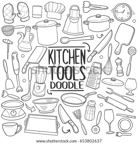 Kitchen Tools Doodle. Icons Hand Drawn. Scribble Clip Art. Scrapbook Line Art Design. 