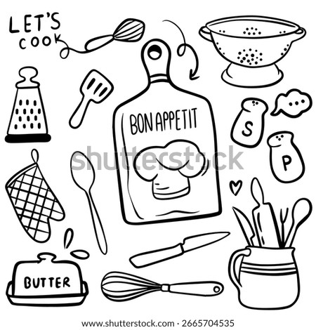 Kitchen Tools, Doodle, Illustration. Hand Drawn, Vector, lettering