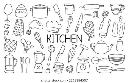 Kitchen tools doodle set. Cooking utensil in sketch style. Hand drawn vector illustration isolated on white background