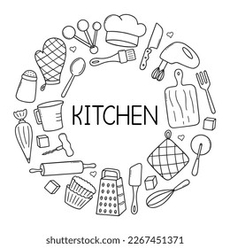 Kitchen tools doodle set. Cooking utensil in sketch style. Hand drawn vector illustration isolated on white background