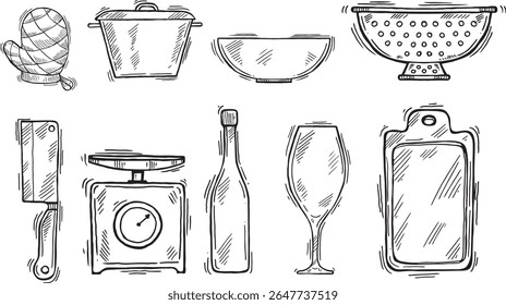 Kitchen tools doodle set. Cooking utensil in sketch style. Hand drawn vector illustration isolated on white background