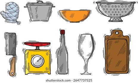 Kitchen tools doodle set. Cooking utensil in sketch style. Hand drawn vector illustration isolated on white background