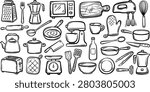Kitchen Tools Doodle Set. Hand Drawn Cooking Tools and Kitchenware Outline Collection