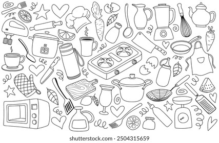 kitchen tools doodle set. kitchen utensil in sketch style. doodle kitchen set.