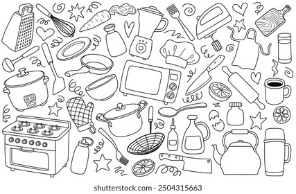 kitchen tools doodle set. kitchen utensil in sketch style. doodle kitchen set.