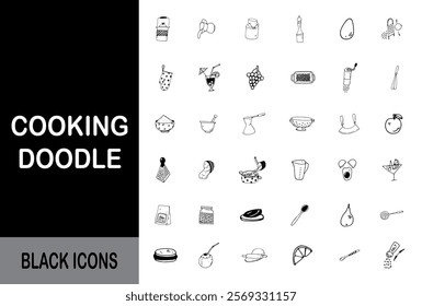 kitchen tools doodle set. kitchen utensil in sketch style. cooking doodle black icons.