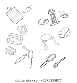 kitchen tools doodle set. kitchen utensil in sketch style. doodle kitchen set.Hand drawn kitchen utensil doodle set.