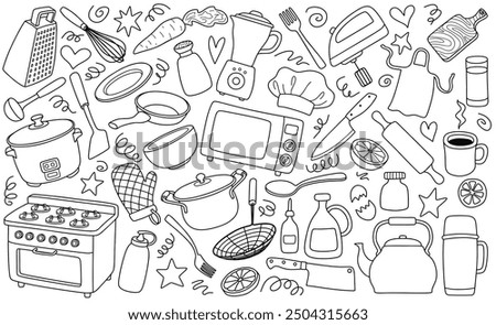 kitchen tools doodle set. kitchen utensil in sketch style. doodle kitchen set.