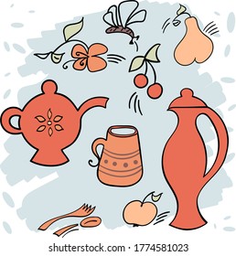 Kitchen Tools Doodles Icon, vector set. Summer fruit tea, refreshing drink