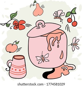 Kitchen Tools Doodles Icon, vector set, pot with fruit jam, jam drops and wasps