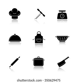 Kitchen tools drop shadow icons set. Kitchenware equipment. Restaurant cooking utensil. Chef hat and butcher cleaver. Apron, colander and corkscrew opener. Logo concepts. Vector black illustrations