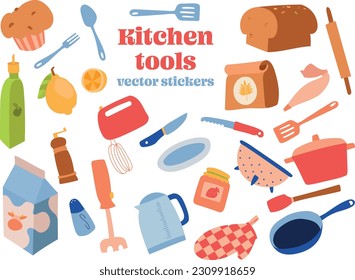 Kitchen tools editable vector stickers layered effect illustration set	