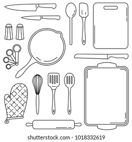 Kitchen tools and equipment for cooking and baking. Collection of vector line art illustrations of common culinary accessories for kitchens and restaurants