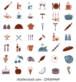Kitchen tools or equipment icon set. Food, drink and cooking symbols. Elements for restaurant or menu design. Colorful vector illustration isolated on white background.