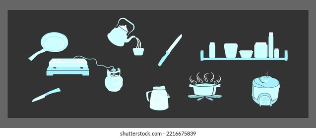 Küchengeräte. Küchenausstattung. Vektorgrafik auf schwarzem Hintergrund. Vektorgrafik von Reiskocher, Teekanne, Messer.