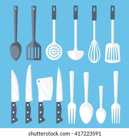 Kitchen tools flat icons set. Colorful flat design concepts for web banners, web sites, printed materials, infographics. Blue background. Vector illustration