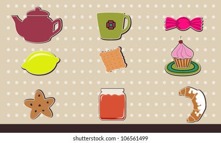 Kitchen tools and food icons.