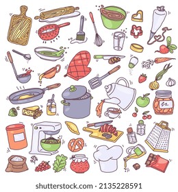 Herramientas de cocina e ingredientes alimentarios, ilustración del vector del doodle aislado en el fondo blanco. Equipo de mano para cocinar y utensilios de cocina. Concepto de libro de recetas.