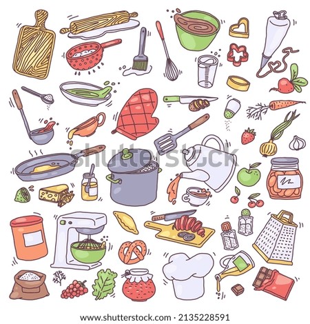 Kitchen tools and food ingredients set, doodle vector illustration isolated on white background. Hand drawn equipment for cooking and kitchenware. Concept of recipe book.