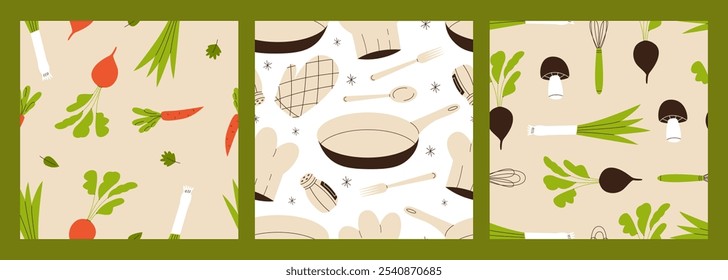 Ferramentas de cozinha e conjunto de padrão sem costura de alimentos. Utensílios de cozinha e fundo de legumes. Ilustração bonita com objetos de cozinha. Ilustração de vetor plano.