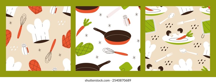 Herramientas de cocina y alimentos sin patrón conjunto. Linda ilustración con objetos de cocina. Utensilios de cocina de fondo. Ilustración vectorial plana.