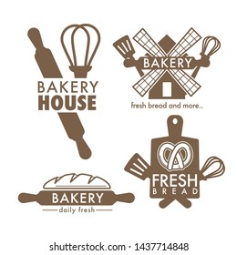 Kitchen tools and fresh bread loaf isolated icons bakery shop vector cutting board and whisk spatula and rolling pin mill and pretzel food and wheat dough products grocery store emblem or logo baking.