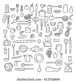 Kitchen tools, fruits, vegetables, thin line, cooking, utensils and cutlery. Icons set. 