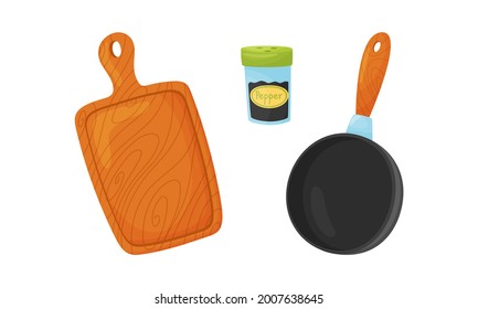 Kitchen Tools with Frying Pan and Cutting Board Vector Set