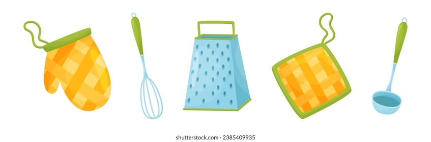 Kitchen Tools with Glove, Whisk, Ladle and Grater Vector Set