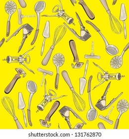 Kitchen tools hand drawn pattern over a yellow background