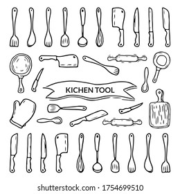 kitchen tools with Hand drawn sketching style. Set of cooking utensils vector illustration with doodle design