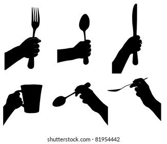 kitchen tools in hand silhouette vectors set.