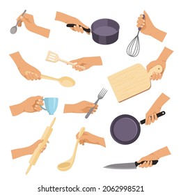 Kitchen tools. Hands holding various items for preparing products cuisine objects plates spoons forks pots recent vector flat illustrations