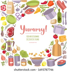 Kitchen tools and healthy food decorative frame. Kitchenware and vegetables, salmon, red meat, herbs, spices. Isolated modern household elements.Vector cartoon isolated illustration on white.