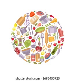 Kitchen tools and healthy food pattern round shape. Kitchenware and vegetables, salmon, red meat, herbs, spices. Isolated modern household elements.Vector cartoon isolated illustration on white.