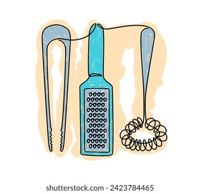 Kitchen tools. Household kitchenware. Cooking whisk and grilling tongs. Metal grater. Utensil for food preparing. Tweezers or spoon. Continuous line simple drawing domestic cookware objects vector set