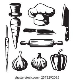 Kitchen tools icon set. Garlic onion and Capsicum vector art. chef's hat illustration