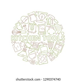 Kitchen tools icons. Food prepare cooking items spoon fork knife in circle shape vector thin line symbols