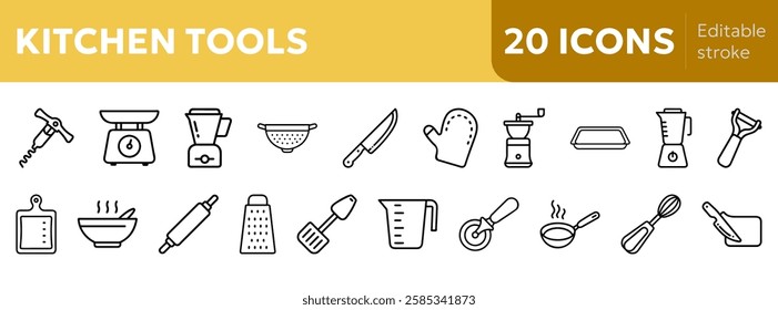 kitchen tools icons including chef knife, cutting board, frying pan, whisk,  bowl, rolling pin, measuring cup, spatula, scale,  coffee grinder, pizza cutter