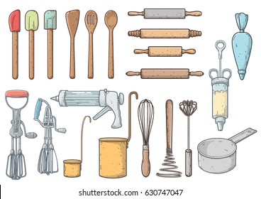Kitchen, tools illustration, drawing, halftone, retro, cartoon, vector 