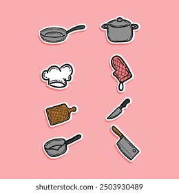 kitchen tools illustration vector design isolated in a pink background. Kitchen utensils set. Kitchenware, cookware, graphic elements, kitchen tools collection.